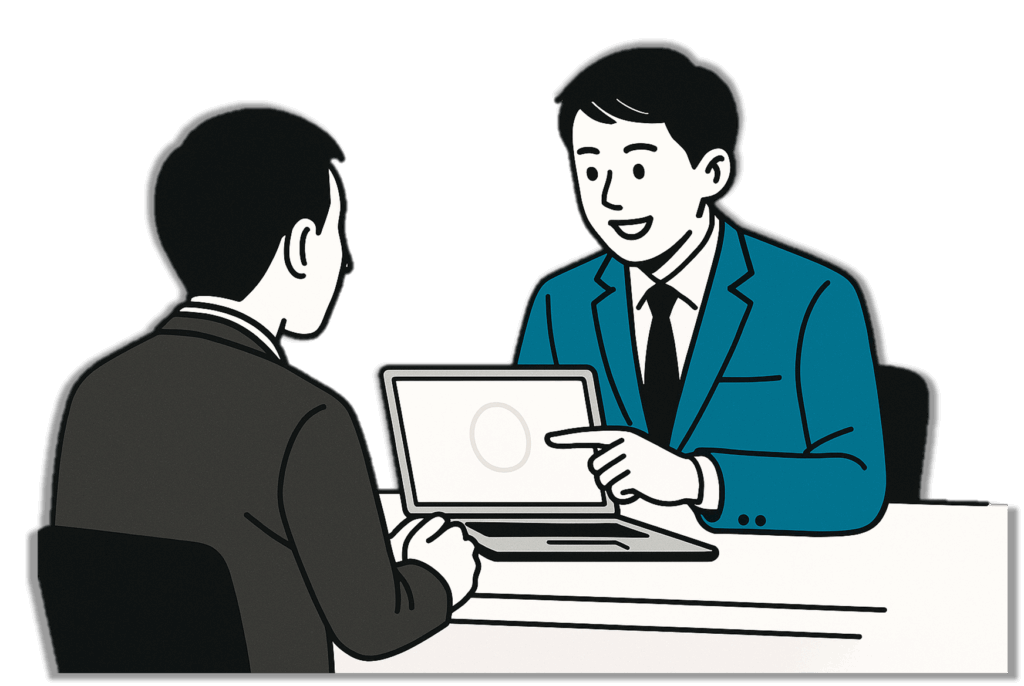 若手税理士がクラウド会計ソフトの画面を見せながら、顧客に丁寧に説明している様子（船橋市の税理士事務所）