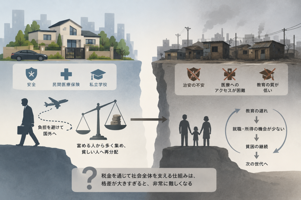 富める人々からすれば、「なぜ自分たちだけが負担しなければならないのか」という感覚も出てきます。その結果、資産や人材が国外に流出することもあります。

南アフリカでは、アパルトヘイト終了後の約30年の間に、富裕層や専門職の海外流出が続いてきたといわれます。もちろん、その理由は税金だけではありません。治安、教育、雇用、政治、将来への不安など、さまざまな要因があります。

ただ、格差が大きい社会では、税金を通じて社会全体を支えるという仕組み自体が、非常に難しくなるのだと思います。