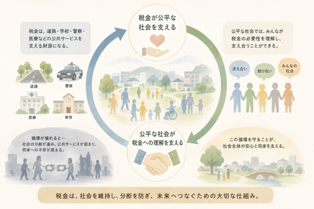 税金は、単に取られるものではありません。
社会を維持するための仕組みです。
そして、社会が分断されすぎないようにするための仕組みでもあります。